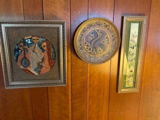 3 Pieces Of Ethnic Wall Art Including A Signed Tile
