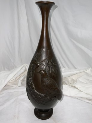 Painted Bronze Crow On A Branch Tall Narrow Neck Vase