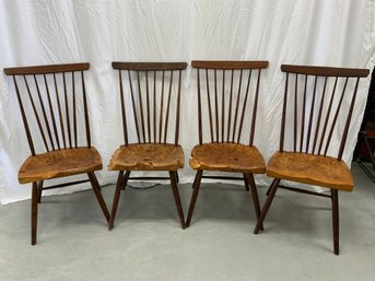 Micheal Elkan (1942-2014) Set Of 4 Signed Burled Seat Chairs. One As Is