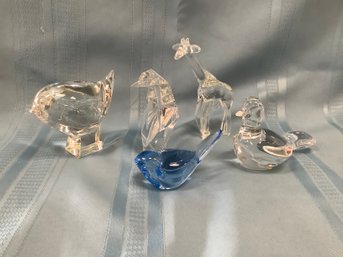 5 Pieces Of Baccarat Crystal Animals Including Origami Penguin, Birds, And Giraffe