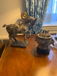 2 Reproduction Relics Including A Horse And An Incense  Burner Both Are Iron