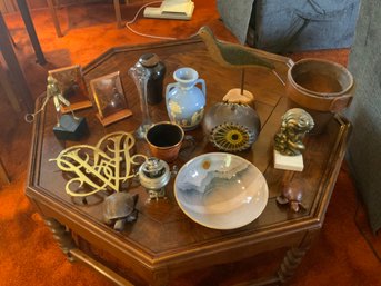 Grouping Of Assorted Collectibles Including Pottery, Carved Wood Animals And Vases