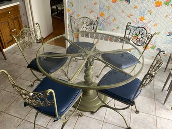 Woodard Iron And Glass Top Table, 5 Chairs With Cushioned Seats