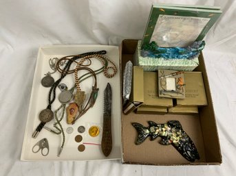 Mixed Lot Of Fishing Decor, Favorite Angler Photo Frame, Wood Handle Knife, Coin And Arrowhead Neckties