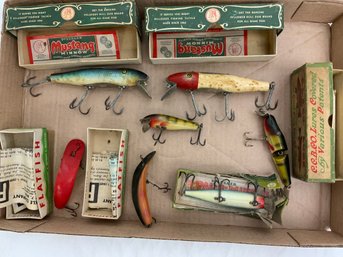 Vintage Pflueger, C.C.B.Co. & Flatfish Lures With Boxes Plugs & Poppers