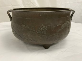 Vintage Ornate Asian Hand Crafted Brass Footed Cauldron