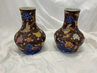 Asian Hand Painted Ceramic Matching Pair Of Vases Signed