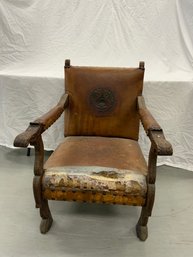 Antique Oak Carved English Armchair With Tooled Leather Cushion