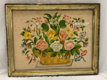 Theorem Stencil Painting On Velvet Basket Of Flowers  American Artist Mid 19th Century