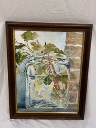 Artist Signed Watercolor On Paper Framed & Sealed Arrowhead Propagating In Glass Jar