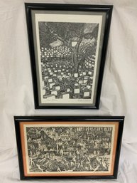 Pair Of Gerald Lee Wise Pencil Signed Lithographs Framed
