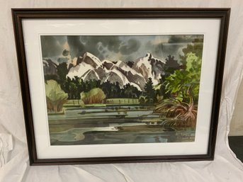 Artist Signed Watercolor Lake With Mountains Scene
