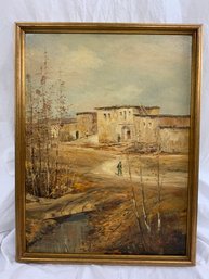 Vintage Oil Painting On Canvas Of Village Scene