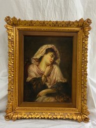 Vintage Artist Signed Printed Oil Painting Of Woman With Ornate Gold Painted Carved Wood Frame