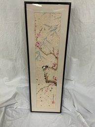 Asian Artist Signed Cherry Blossom Painting With Bird & Bees