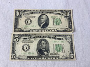 2-1934A Series Federal Reserve Note $5 And $10 Green Seal