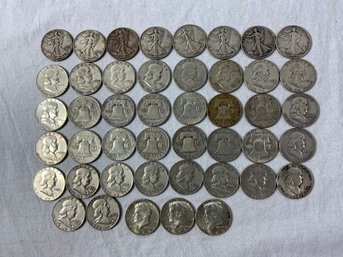 $22.50 Face Value 90 Percent Silver Half Dollars Inc Walking Liberty, Franklins, 1964 Kennedy
