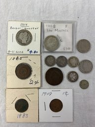 Us Early Coin Lot Including Large Cent, Indians, 2 Cent, 3 Cent, Liberty Nickel, Barber Dimes And Quarters
