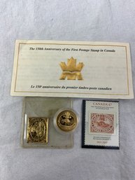 2001 3 Cent Gold Plated Silver Proof Coin With Stamp 150th Anniversary