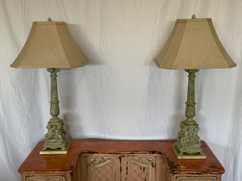 Pair Of Cherub Painted Metal Lamps