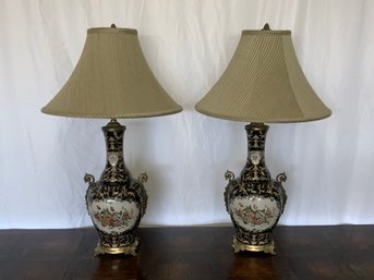 Pair Of French Style Porcelain Lamps With Metal Ormolu