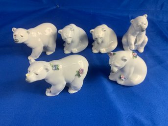 6 Lladro Polar Bears Some With Flowers