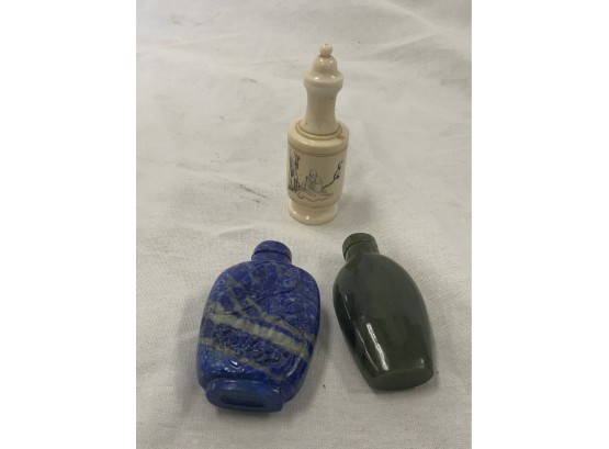 3 Snuff Bottles Including Carved And Bone