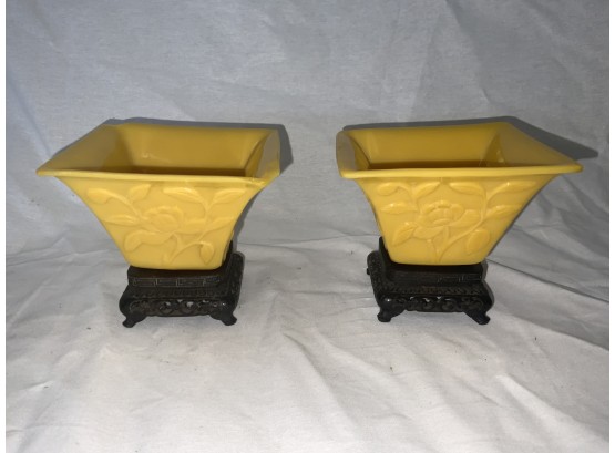 Pair Of Yellow Peking Dished With Carved Bases 1 As Is