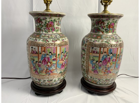 Pair Of Famile Rose Vase Lamp
