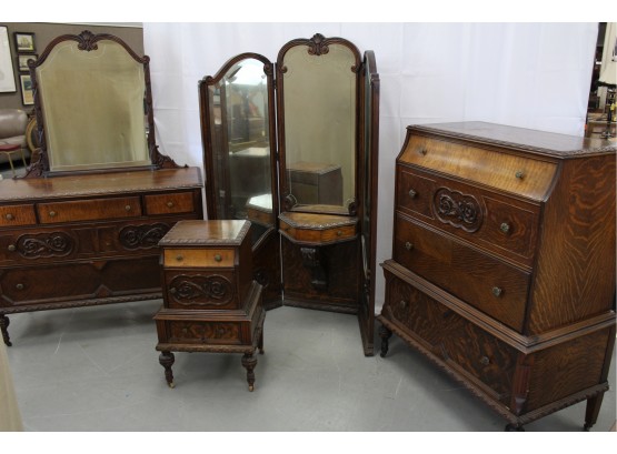 5 Piece Antique Bedroom Suite With Tiger Maple Detail