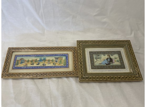 Two Hand Painted Mid Eastern Plaques With Inlaid Frames