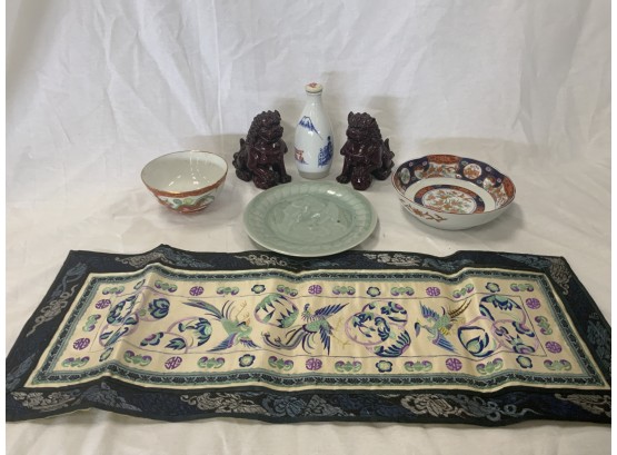 7 Piece Oriental Lot With Silk Tapestry, Foo Dogs, And More