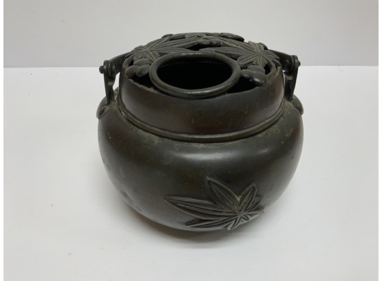 Oriental Bronze Floral Decorated Burner With Handle