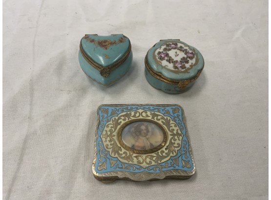 3 Piece Limoges Trinket Boxes And A Signed Portrait Compact