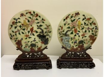 Pair Of Oriental Hard Stone Round Tiles With Great Carving And Details