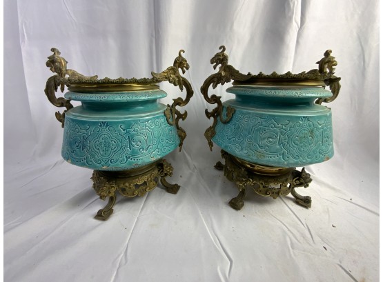 Pair Bronze And Porcelain Dragon Decorated Planters