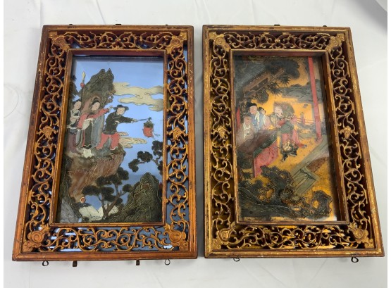 Pair Of Vintage Eastern Class Painted Mirrors