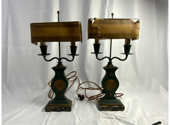 Pair Of Painted French Style Tole Lamps With Marble Bases