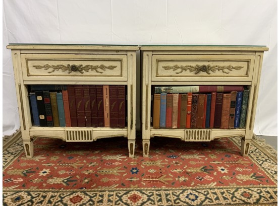 Pair Of Henredon Night Stands With Custom Book Doors With Glass Tops.