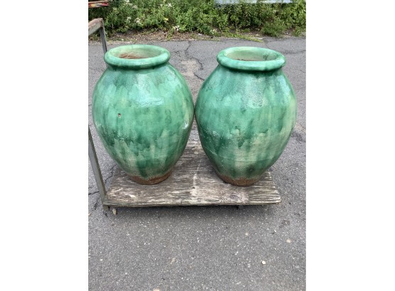 Pair Of Green Glazed Pottery Vases 34 Inches Tall