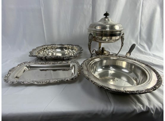 Lancaster Rose. Silver Serving Plates, Warming Dish, And Pan