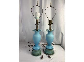 Pair Blue Flower Vase Ceramic Lamps With Wood Base. Brass.