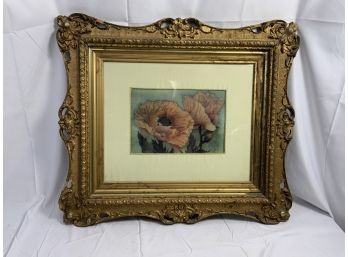 Antique Floral Water Color Painting. Wood Carved Frame.
