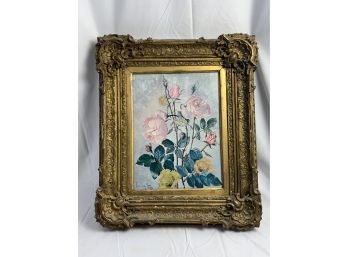 Artists Signed 1970 Floral Print. Sea Shell Frame Carvings