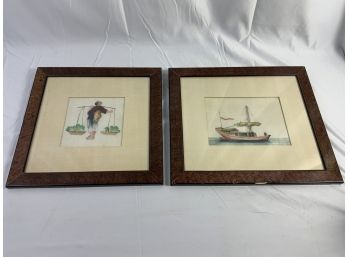 Pair Of Eastern Culture Lithographs In Burl Wood Frame