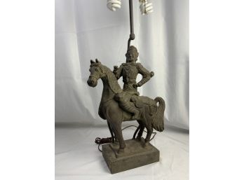 Vintage Iron Asian Rider With Detailed Armor And Horse Lamp. Atop A Wood Base.