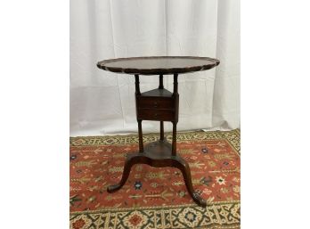 Three Legged Pie Crest Mahogany Table With Two Drawers.