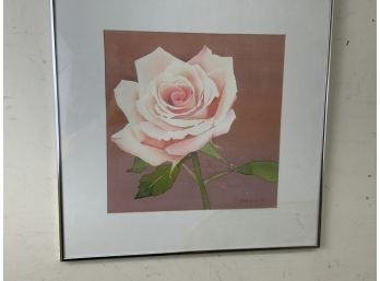 Artist Signed. Watercolor Pink Rose With Stem.