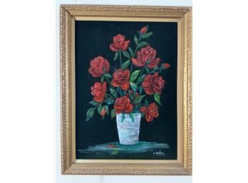 N. Muller Painting. Vase Of Roses With Custom Frame. Felt