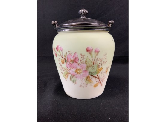 Biscuit Jar. Pink And White Flowers. Silver Plated Lid & Bail.